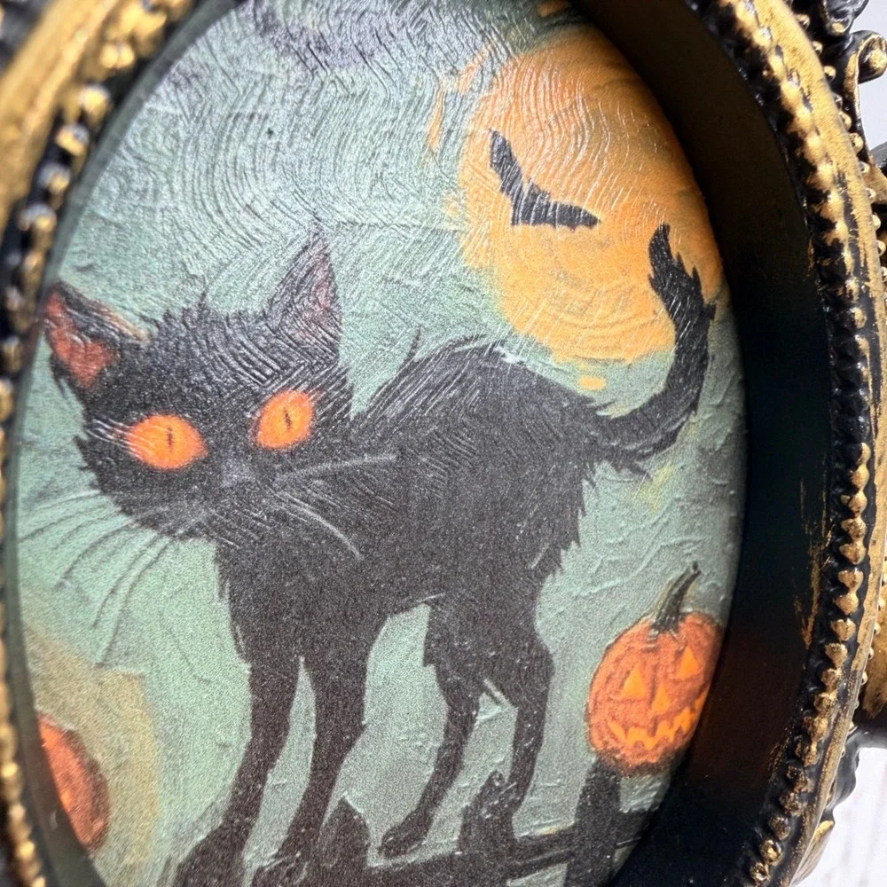 Halloween Black Cat Art Print Ornate Gold Black Resin Frame Gothic Decor 5 inch